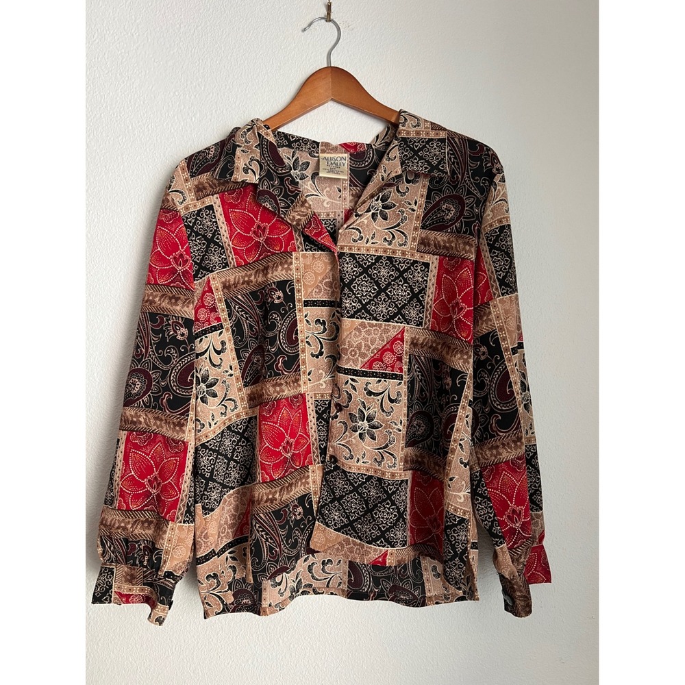Allison Daley‎ Petites Top Patchwork Print Blouse Shirt Long Sleeve Women's